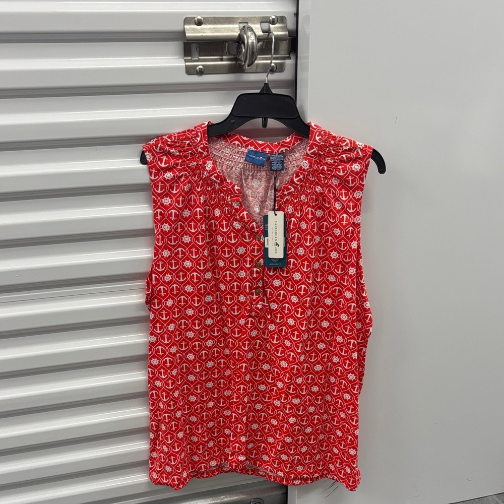 NWT Caribbean Joe Red White Anchor Pattern Sleeveless Button Blouse Smocking 2X
